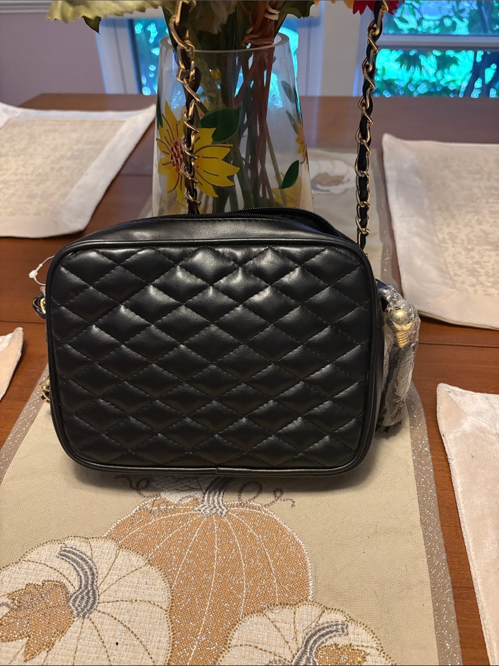 Chateau Quilted Black Leather Crossbody with Gold-Chain Strap